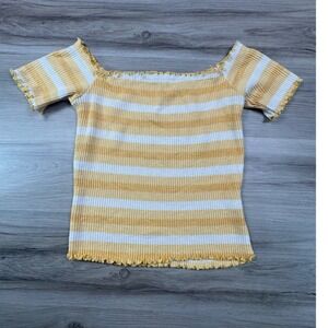 Better Be Yellow White Striped‎ Off Shoulder Lettuce Edge Ribbed Top Medium